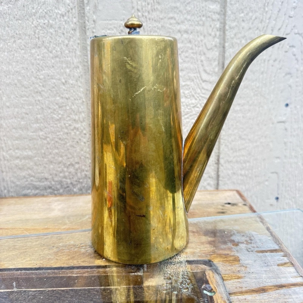 Vintage Mid Century Modern Tall Brass‎ Coffee Tea Pot Japan Side Handle MCM
